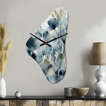 Blue Leaf Foliage And Flowers II - Asymmetric Metal Wall Clock